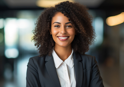 A young woman with curly hair, wearing a dark blazer and white blouse, smiling confidently while standing indoors with a blurred background.