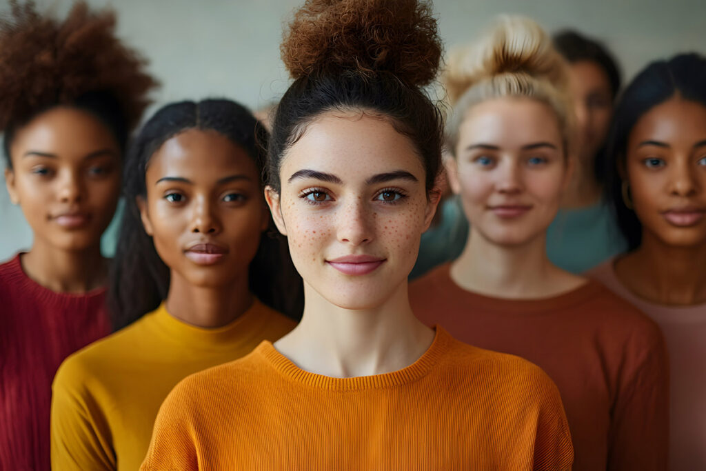 A diverse group of young women standing closely together, facing the camera and smiling softly, with natural hairstyles and casual, colorful clothing. The background is softly blurred.