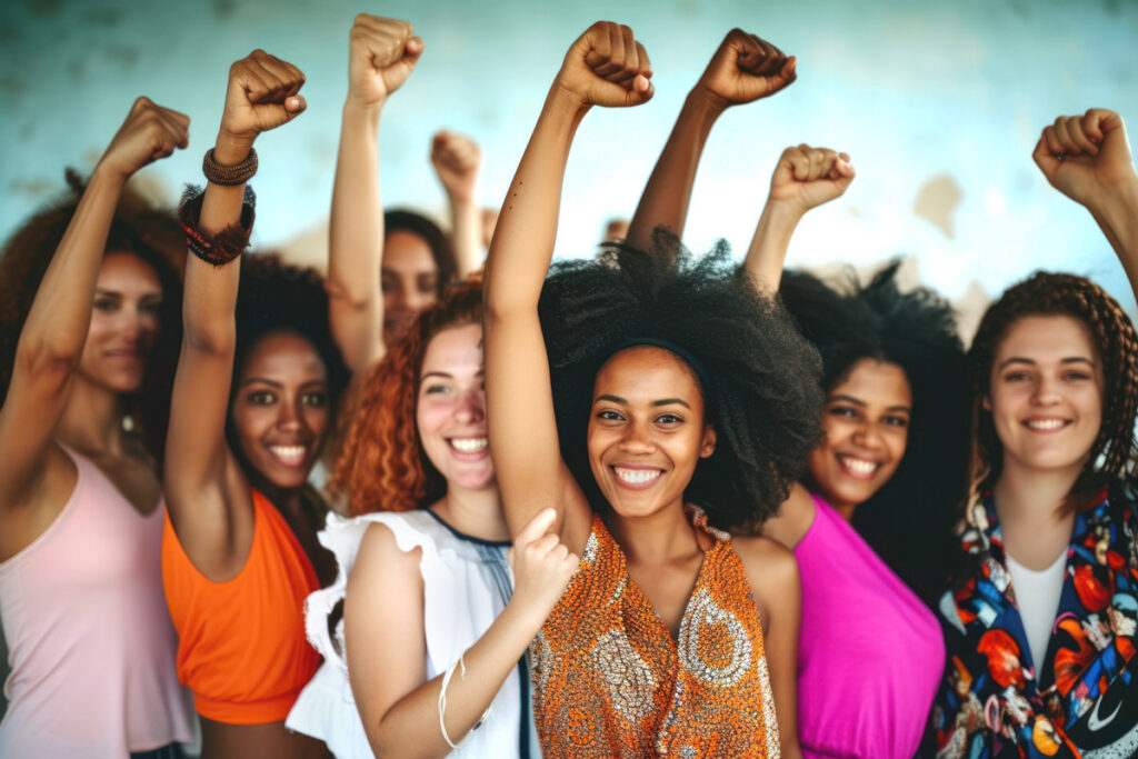 A diverse group of young women stand close together, smiling and raising their fists in celebration and solidarity against a blurred outdoor background.