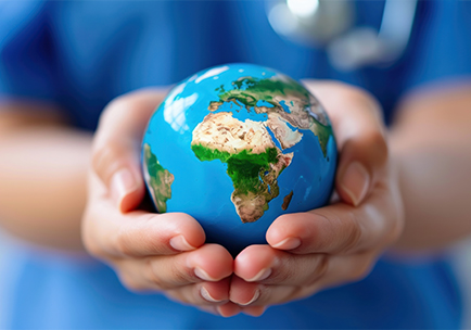 A person gently holding a small globe in their hands, with Africa and Europe prominently visible; the person is wearing a blue shirt or scrubs, suggesting a healthcare or caring context.