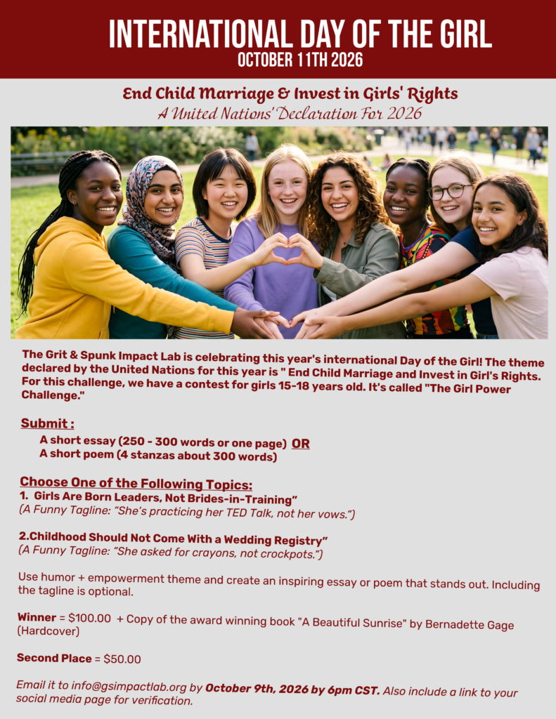 Poster for the 2026 International Day of the Girl contest, showing a diverse group of girls forming a heart with their hands and detailing submission requirements for an essay or poem competition focused on girls rights.